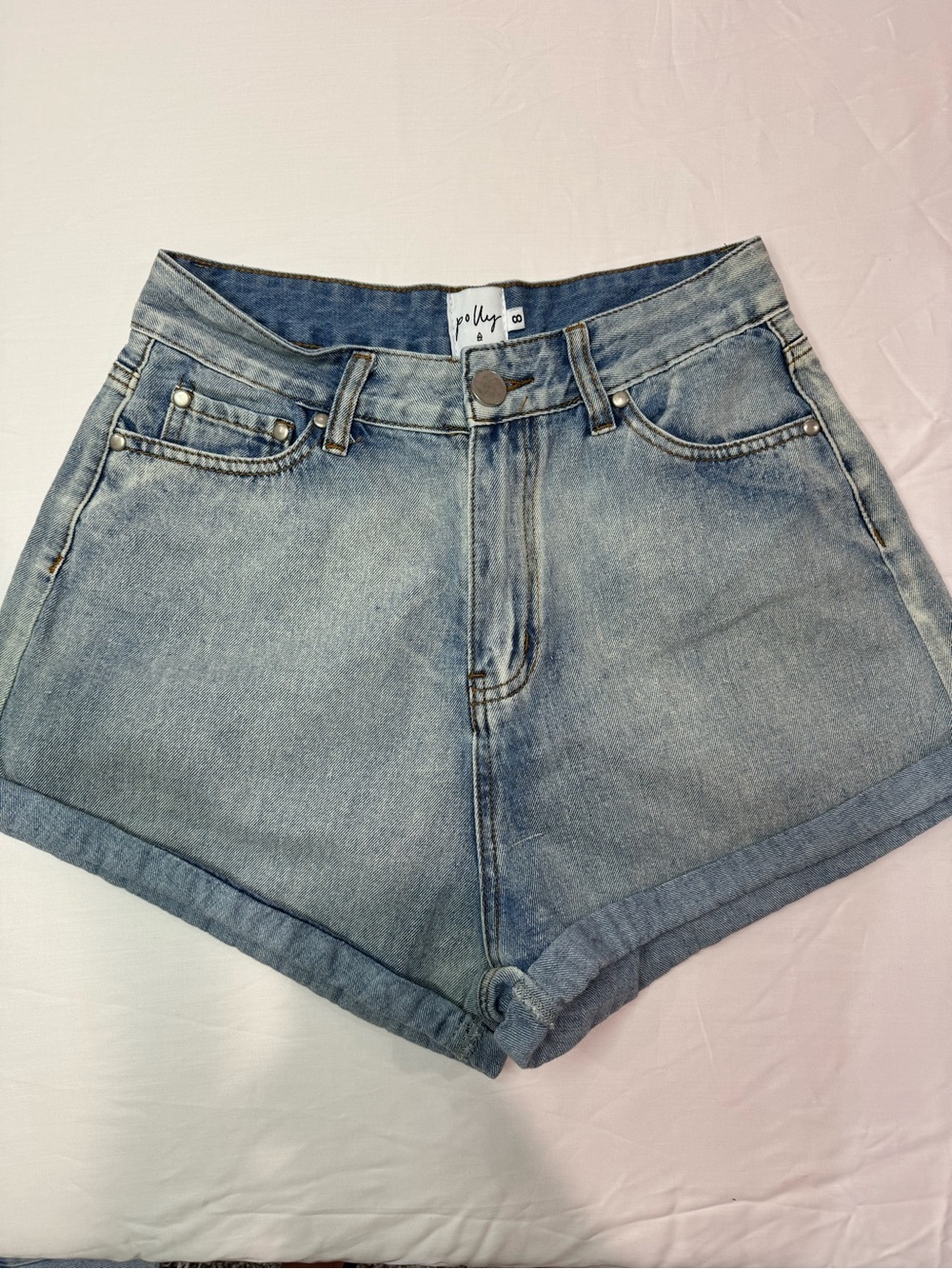 High-Waist Washed Denim Jean Shorts - Light Blue